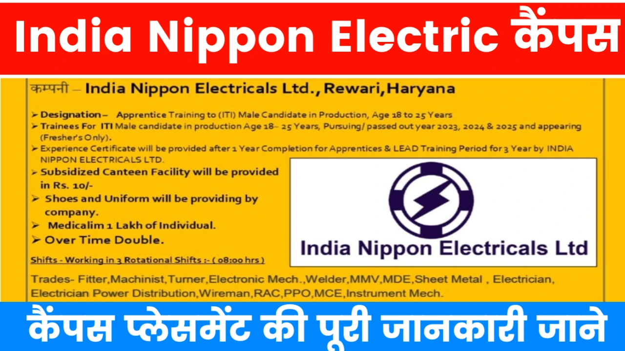 India Nippon Electric ITI Latest Vacancy in Rewari 2025